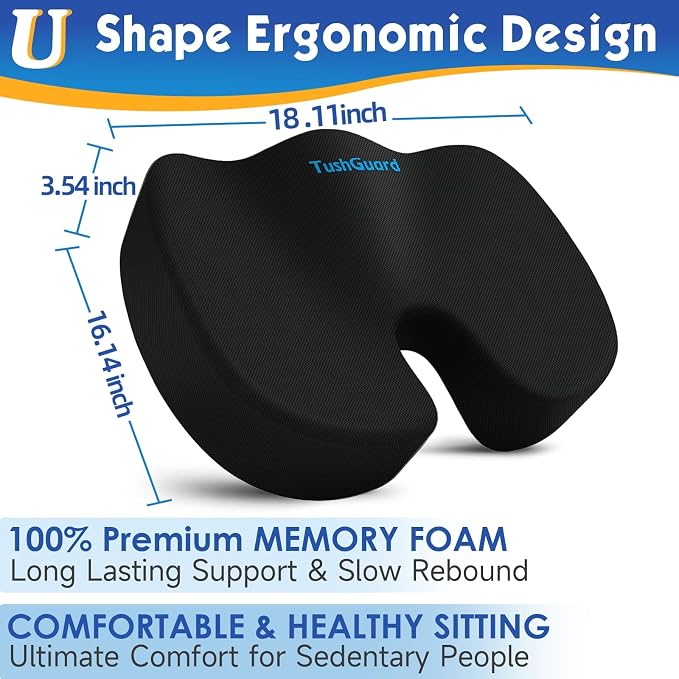 Seat Cushion for Office Chair, Car, Memory Foam, Black X-Large | For Back, Coccyx, Sciatica, Tailbone Pain, Ergonomic Design, Non-Slip, Desk Wheelchair Use, Supportive Butt Pillow, For Man - Image 2