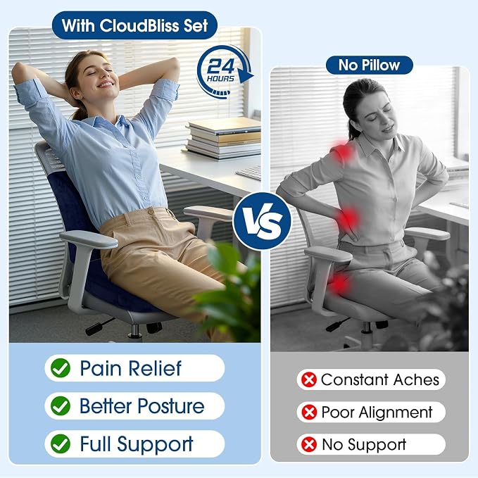 CloudBliss Ergonomic Seat Cushion & Lumbar Support Pillow Set, Blue, XL | Back Pain & Sciatica Relief, Memory Foam Support, Adjustable Straps, Machine Washable Velvet, Perfect for Office, Car, Gaming - Image 8