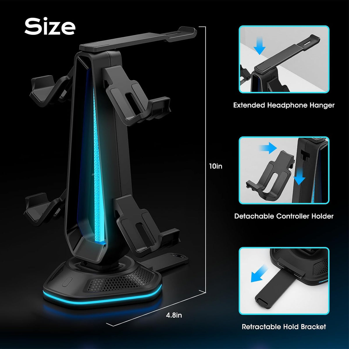Saitake RGB Controller Holder with 9 Light Modes,Controller Stand with 2 USB Ports,Headset Stand for Desk-Headphone Holder Suitable for Xbox PS4 5 Switch Controllers Gaming Room Deco - Image 2