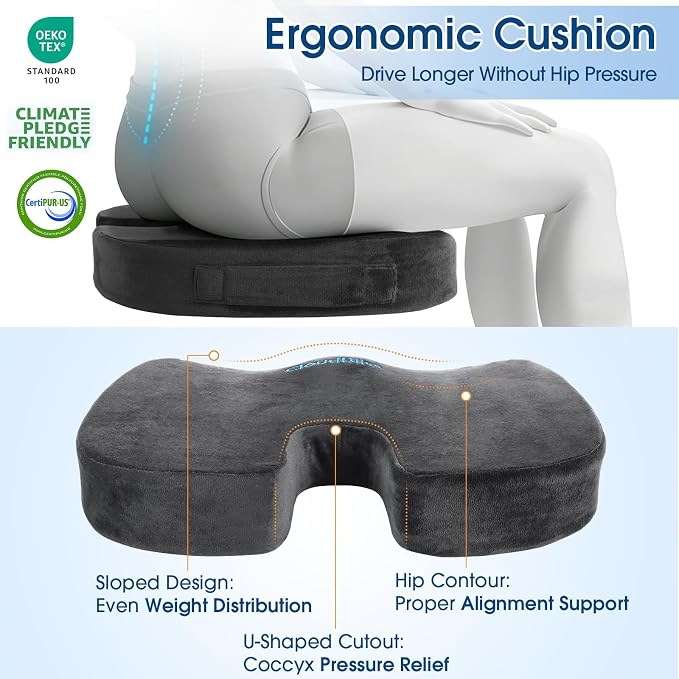 CloudBliss Ergonomic Seat Cushion & Lumbar Support Pillow Set, Grey, Large | Back Pain & Sciatica Relief, Memory Foam Support, Adjustable Straps, Machine Washable Velvet, Perfect for Office, Car, Gaming - Image 6