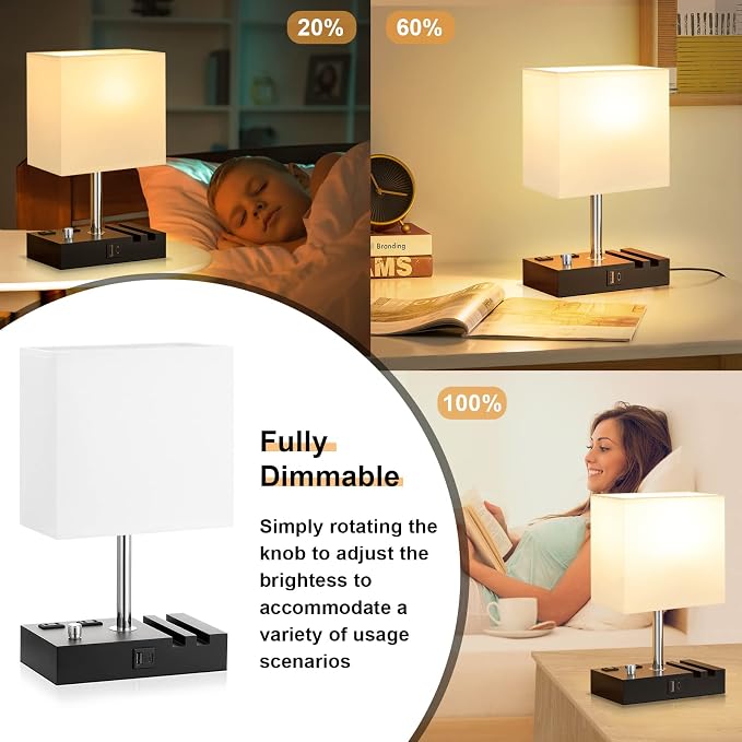 White Bedside Table Lamps Set of 2 - Dimmable, USB C+A, 2 AC Outlets | Dimming By Rotary Knob, USB C+A Ports, 2 Phone Stands, LED Bulbs Included, Rectangle White Lampshade, for Living Room, Desk - Image 4