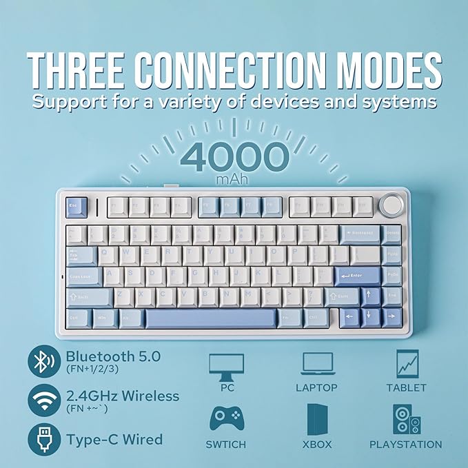 EPOMAKER x Aula F75 Gasket Mechanical Keyboard, 75% Wireless Hot Swappable Gaming Keyboard with Five-Layer Padding&Knob, BT/2.4GHz/USB-C, RGB (Sea Salt Blue, Ice Vein Switch) - Image 3