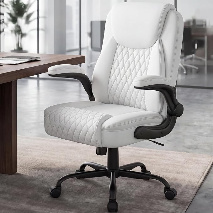 GTPOFFICE Executive Office Chair with Comfortable Lumbar Support, Ergonomic Gaming Chair with Flip-up Armrests & Zoned Pressure-Relief Cushion, Comfy PU Leather Desk Chair, White - Image 2
