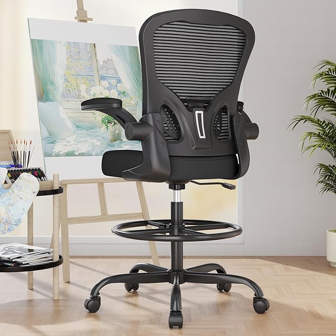 Ergonomic Tall Drafting Chair-Mesh Desk Chair with Flip-Up Arms | Adjustable Height,Lumbar Support,Adjustable Footrest Ring,Standing Desk,Breathable Backrest - Image 2