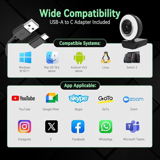 Angetube 1080P USB Webcam with Ring Light Autofocus & Microphone for PC Mac | Built-in Privacy Cover, Plug and Play, Compatible with Laptop Desktop, Works for Streaming, Teams, Skype Video Calls - Image 7