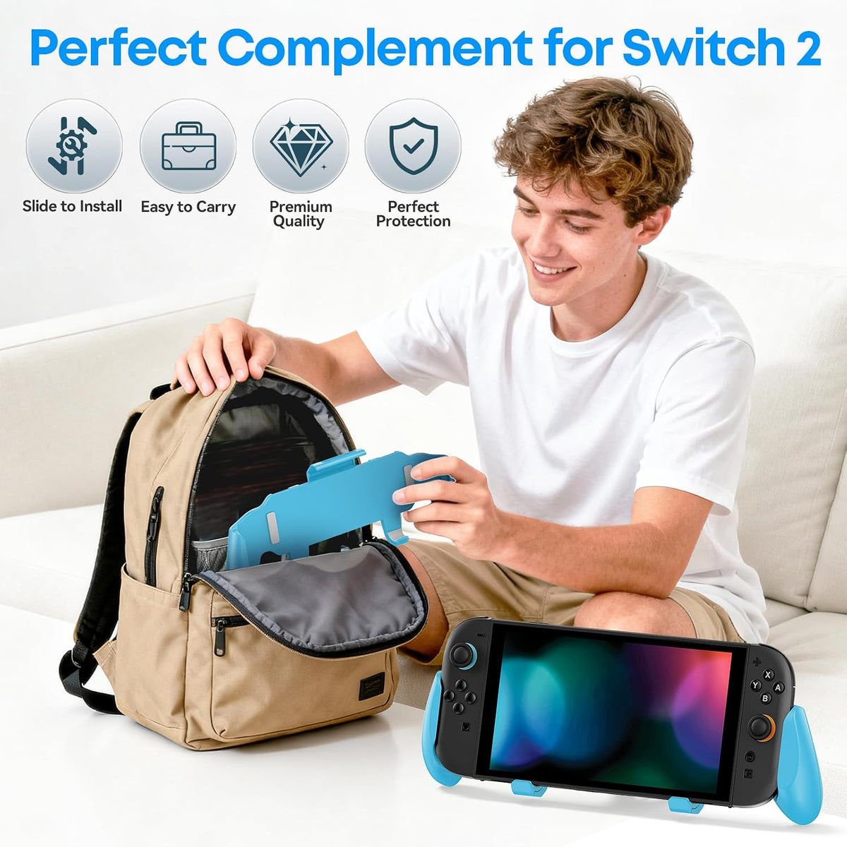 OIVO Grip Compatible with Nintendo Switch 2, Switch 2 Ergonomic Grip Case with Adjustable Stand, Comfort Game Accessories with 5 Game Card Slots and 4 Thumb Caps, Blue - Image 7