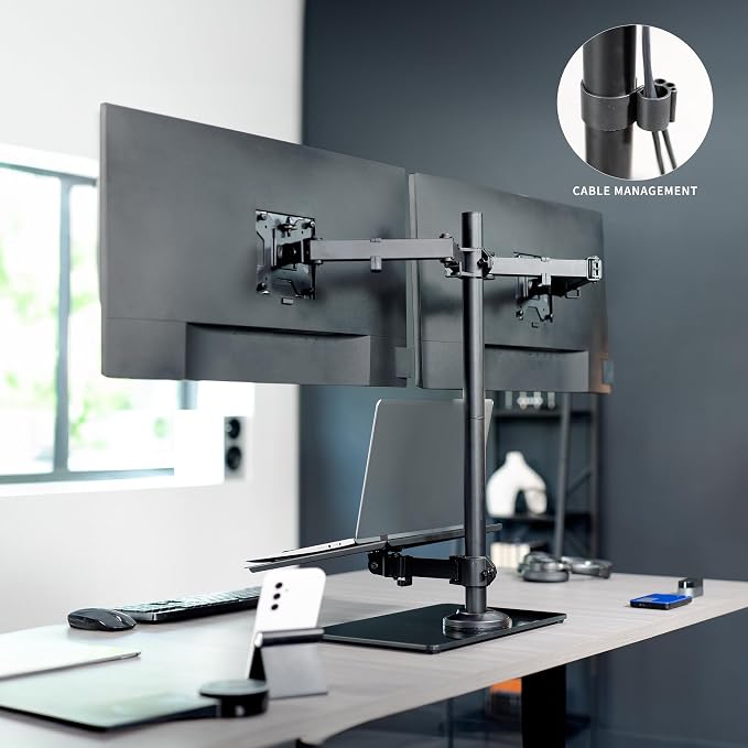 VIVO Freestanding Dual Computer Monitor and Laptop Combo Desk Stand with Glass Base, Fits up to 32 inch Monitors and 17 inch Laptops, Black, STAND-V003FGL - Image 7