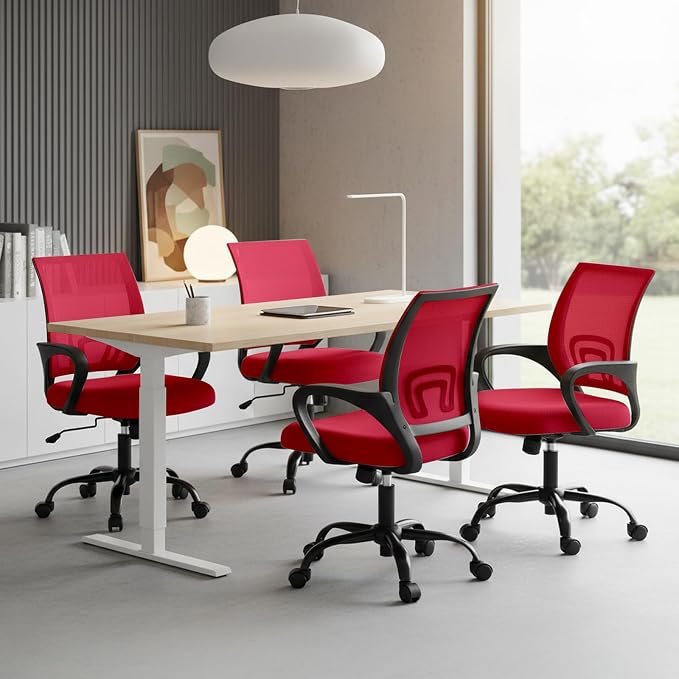 DUMOS Ergonomic Office Chair, Mid-Back Executive Desk Chair 2 Pack | Comfortable Lumbar Support, Breathable Backrest, Fixed Armrest, Height Adjustable, 360° Swivel, Computer Gaming, Red - Image 7