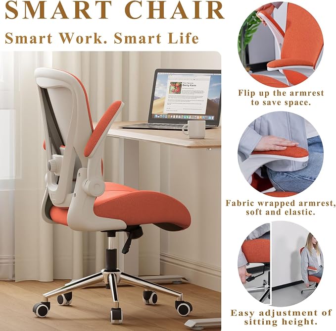 Orange Ergonomic Office Desk Chair, Soft Fabric Thickened Curved seat Cushion with Adjustable Lumbar Support, Perfect Blend of Comfort and Good Looks, Ideal Chair for Home or Office, Orange - Image 5