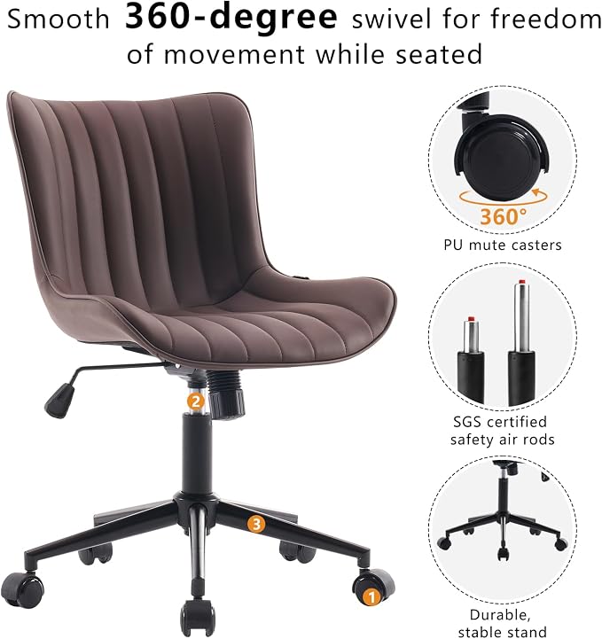 YOUNIKE Office Desk Chair with Wheels Armless Vanity Chair Modern Brown | Faux Leather Upholstered with Rocking Back, Swivel Height Adjustable Small Cute Computer Rolling Task Chair Ergonomic 300lb - Image 4
