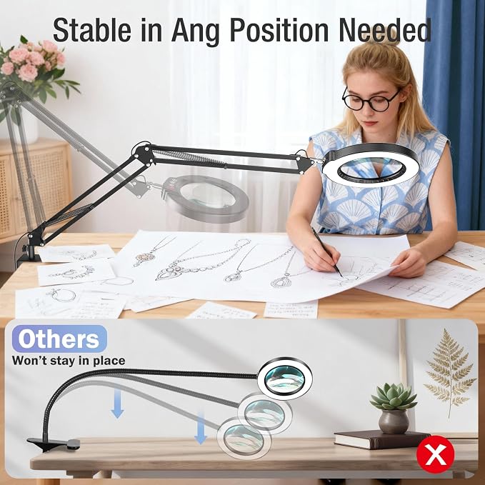 10X Magnifying Glass with Light and Clamp, Real Glass Stand Lighted Magnifier, 2*16 Arm 5 Color Modes Stepless Dimmable LED Desk Lamp Hands Free for Craft Hobby Reading Painting Close Work Large Black - Image 6