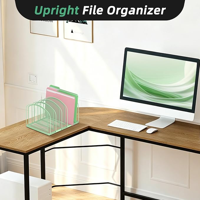 5-Section File Organizer for Desk, Metal File Folder Holder, Mint Green | 5 Vertical Compartments with Sturdy Metal Base for Office Documents Books Magazines and Laptop - Image 6