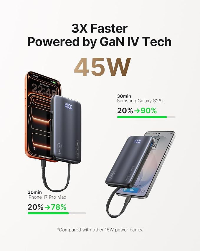 INIU 45W Fast Charging Portable Charger, 10000mAh with Built in Wall Plug | Slimmest, Built-in Wall Plug, USB-C Cable, GaN, Flight-Safe, 3 in 1 Power Bank for iPhone 17, Samsung, iPad etc - Image 3
