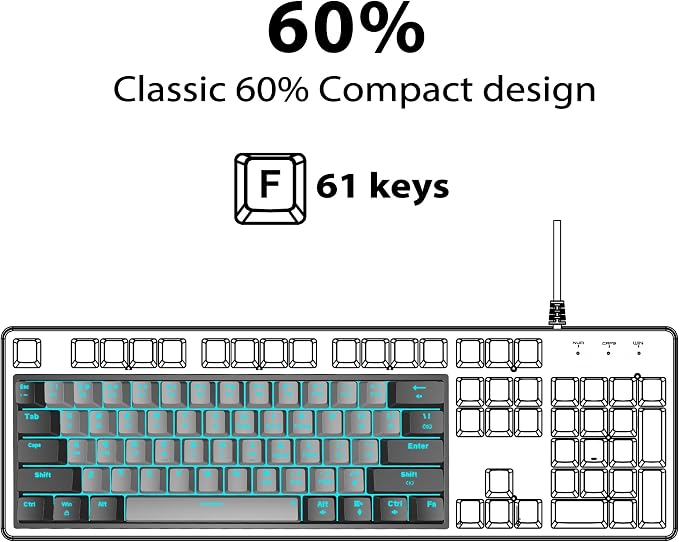 Snpurdiri 60% Wired Mechanical Gaming Keyboard (Black-Grey, Red Switches) | Ice Blue LED Backlit 61 Keys Mini Wired Office Keyboard for Windows Laptop PC Mac - Image 2