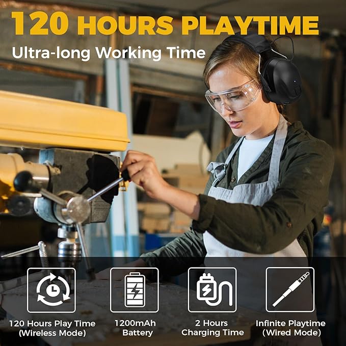 Kalence Bluetooth 6.0 Hearing Protection with 120H Working Time, 30dB Safety Earmuffs, Rechargeable Ear Protection Headphones with Mic for Mowing, Workshops, Construction, Snowblowing, Black - Image 3