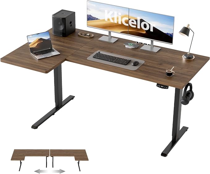 Klicelor L Shaped Standing Desk, 55 Inch Electric Height Adjustable Desk with Memory Preset, Reversible Sit Stand Up Computer Workstation for Home Office, Splice Board, Dark Walnut by Unknown