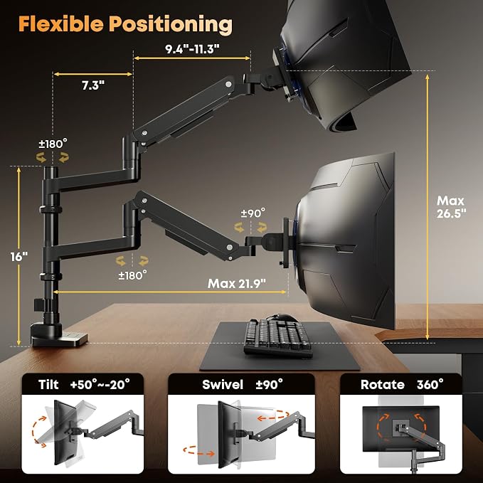 PUTORSEN 17-49 inch Premium Aluminum Heavy Duty Dual Monitor Arm for Ultrawide Screens up to 44lbs, Vertical Stacked Dual Monitor Desk Mount, Full Motion Dual Vertical Monitor Mount, VESA 75/100,Black | Stability, Adjustability, Easy Steup, Vertical, S... - Image 5