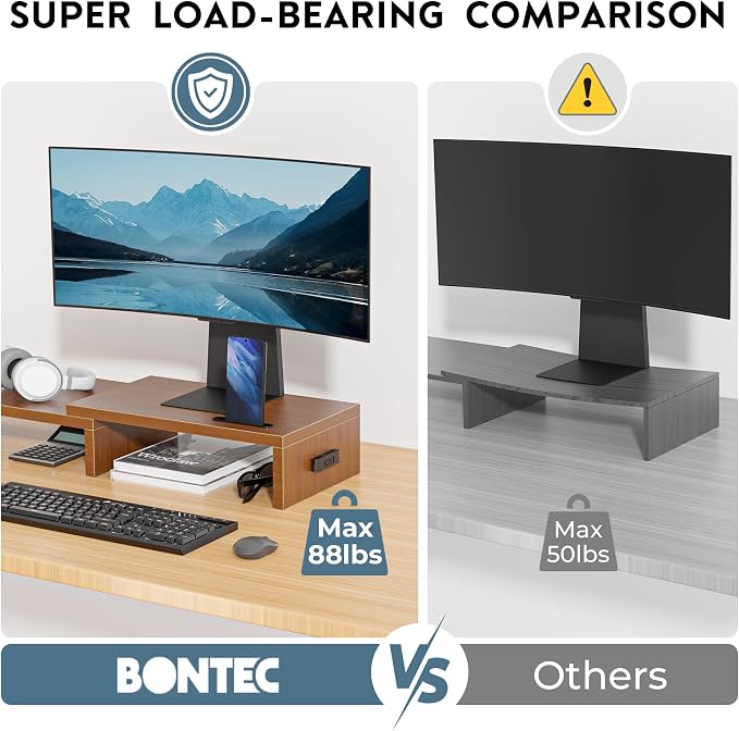 BONTEC Dual Monitor Stand Riser, Adjustable Length & Swivel Angle, Walnut | Ergonomic Wooden Desktop Organizer with Smartphone Holder, Computer Monitor Stand for PC, Laptop, Printer and Large Storage - Image 6