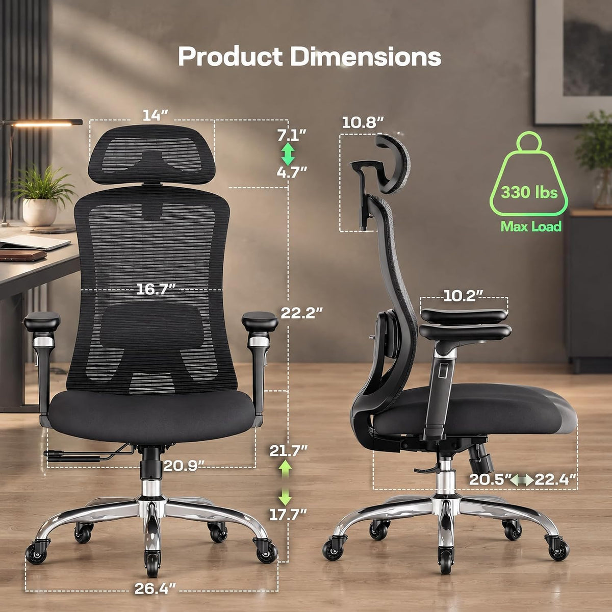 Marsail Big and Tall Ergonomic Office Chair with 6D Armrests, 3D Adjustable Headrest, Sliding Seat, Lumbar Support, 4-Position Tilt Lock, Height Adjustable, 330 lbs Capacity - Image 2