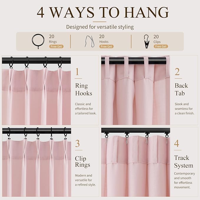 Hokibero Pink Pinch Pleated Linen Curtains 84 Inch Long for Living Room | Light Filtering Semi Sheer Curtain,Back Tab Hooks Rings,Modern Farmhouse Textured Privacy Drapes for Bedroom Window,2 Panels - Image 4