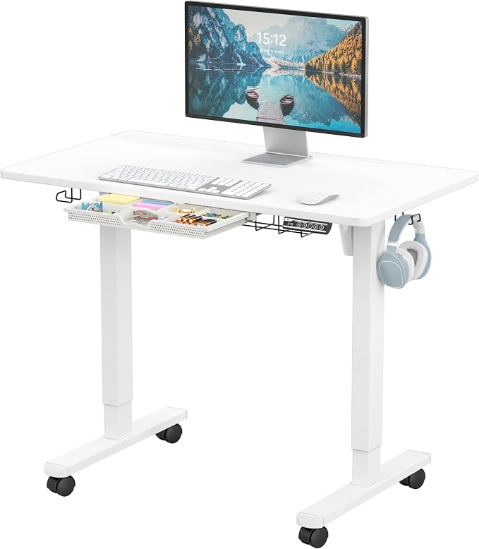 SHW Mobile Electric Height Adjustable Standing Desk w/Drawer, White | 40" Wide Top | w/ Memory Presets and Cable Management | Drawer with adjustable compartments | Hanging Hooks by SHW