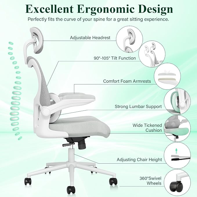 SUNNOW Ergonomic Office Chair, Comfy Mesh Desk Chair, High Back Computer Gaming Chairs with Adjustable Lumbar Support, Flip-Up Arms, Headrest, Tilt Function, Wide Cushion, Swivel Rolling Wheel (Grey) - Image 4