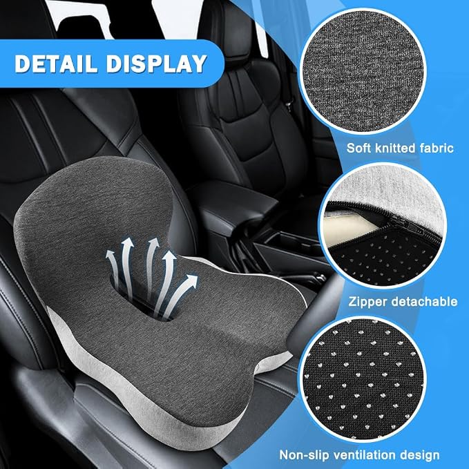 Memory Foam Seat Cushion with Lumbar Back Support, L-Shaped Integrated Ergonomic Coccyx Pad, Non-Slip Breathable Cushion for Comfort, Office Chair Car Wheelchair (Black+Gray) - Image 3