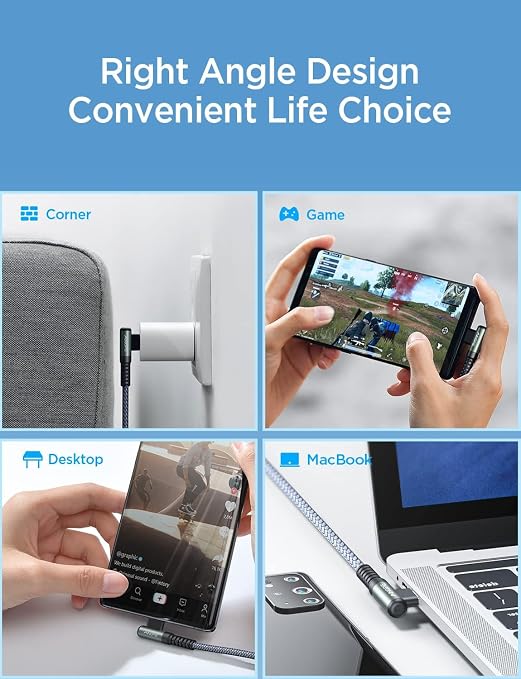 AINOPE 240W USB C to USB C Cable Fast Charging 1.5FT,Right Angle Fast Type C Charging Cable Fits iPhone 16 Pro Max Plus,iPhone 15,MacBook Air/Pro,iPad Pro,Samsung,Pixel,All Devices,Black,Grey,Red - Image 5