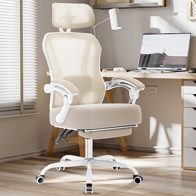 Ergonomic Office Chair with Footrest,Ultra Thick Desk Chair,Cream | 150°Reclining,Mesh High Back,Adjustable 2D Lumbar Support and Headrest,4.8" Spring Cushion,Premium Computer Chair for Adults by TUKAKA