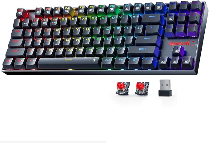 Redragon Wireless Gaming Keyboard, BT/2.4Ghz Tri-Mode Mechanical Keyboard, buit-in Battery, Programmable 87 Keys TKL, LED Rainbow Backlit - K552-KRS by REDRAGON