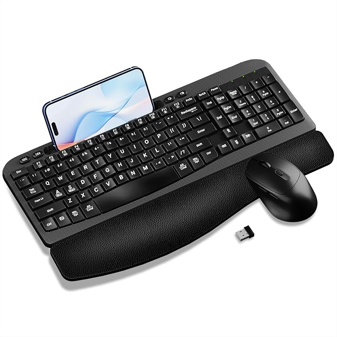 Hayyiesh Ergonomic Wave Keys Wireless Keyboard and Mouse Combo, Full Size with Memory Foam Wrist Rest & Phone Holder, 2.4G Cordless Set with USB-C Adapter for Windows Mac Desktop Laptop (Black) by Hayyiesh