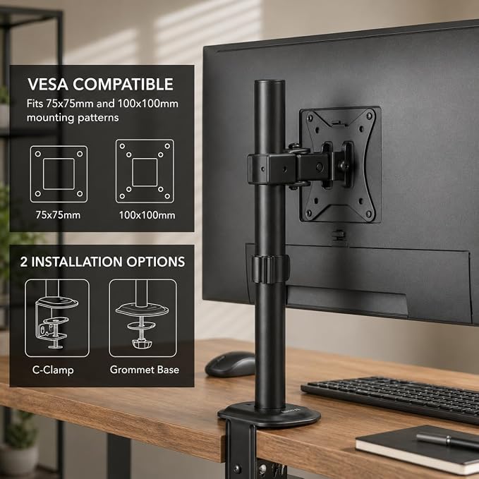 Mount-It! Single Monitor Desk Mount, Full Motion Arm, Fits 17-32" Screens | Full motion arm adjusts tilt, swivel & rotate, VESA compatible, clamp & grommet base. - Image 4
