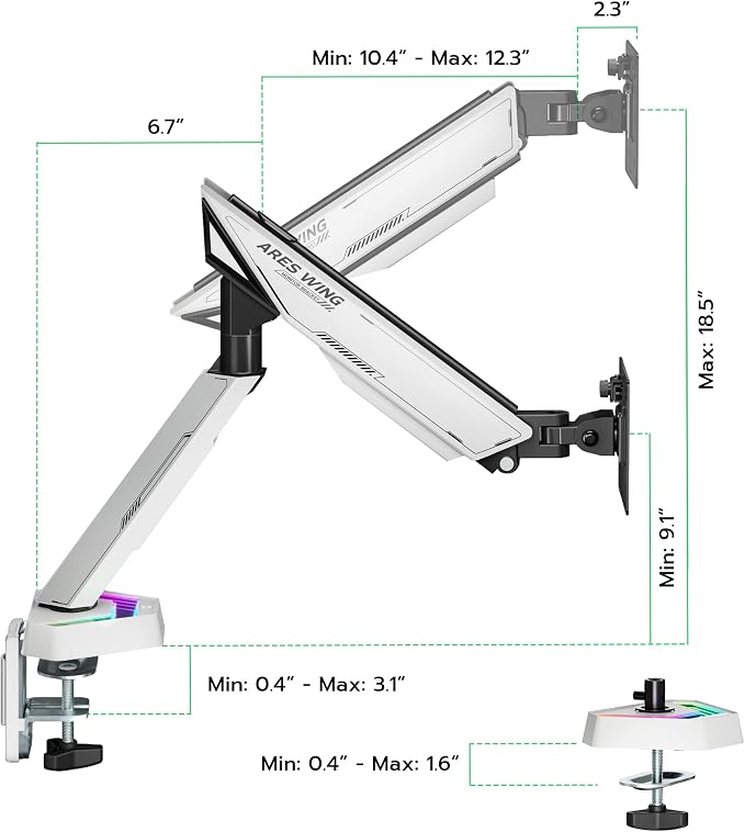 ARES WING RGB Single Monitor Arm Desk Mount for 17-45 inch Monitors, White | Monitor Arm Desk Mount Holds 35.2 lbs Heavy Duty, Adjustable Ultrawide Monitor Arm with Clamp & Grommet Base, 75/100 VESA - Image 9