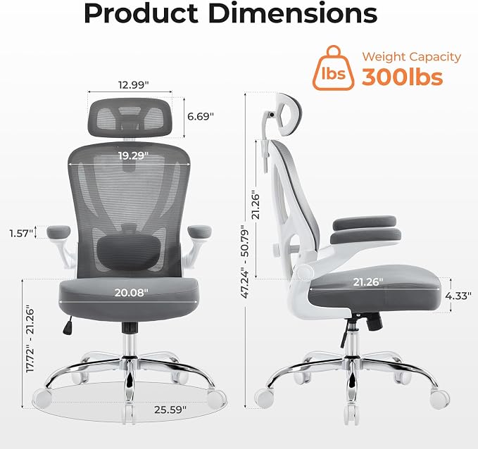 Ergonomic Office Chair, Mesh Office Desk Chair, Grey, 1 Pack | Lumbar Support, Head Support, Rocking Function, Flip-up Armrests, Mesh High Back, Suitable for Home, Office - Image 2