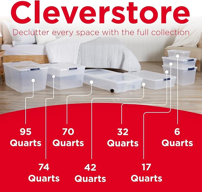 Rubbermaid Cleverstore Clear 32 Qt, 6 Pack Stackable Plastic Storage Bins with Lids, Great for Closet and Laundry Storage, Organizing in the Home - Image 6