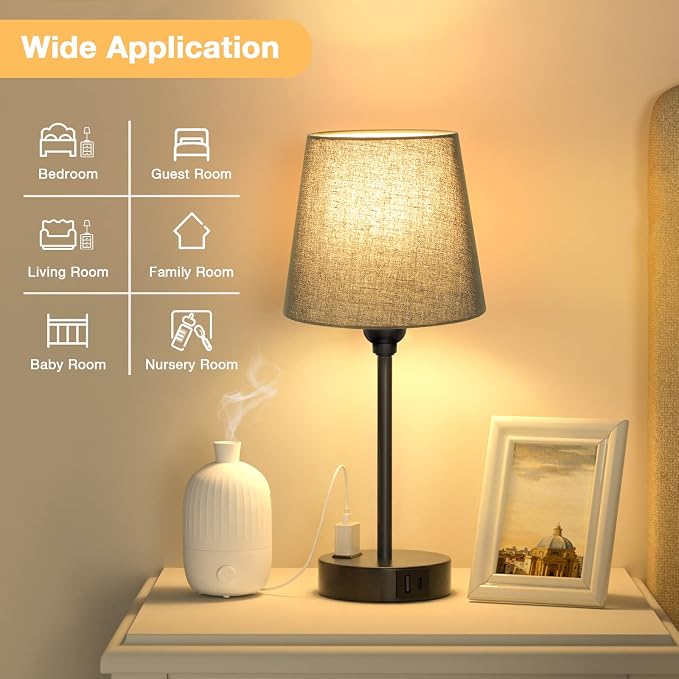 Black Bedside Lamps Set 2 for Bedroom - Dimmable Touch, USB C+A, AC Outlet | 14.5" Mini Lamp, 3-Way Dimmable, LED Bulbs Included, Black Barrel Fabric Lampshade, Nightstand Light for Guest Room, Kids - Image 6