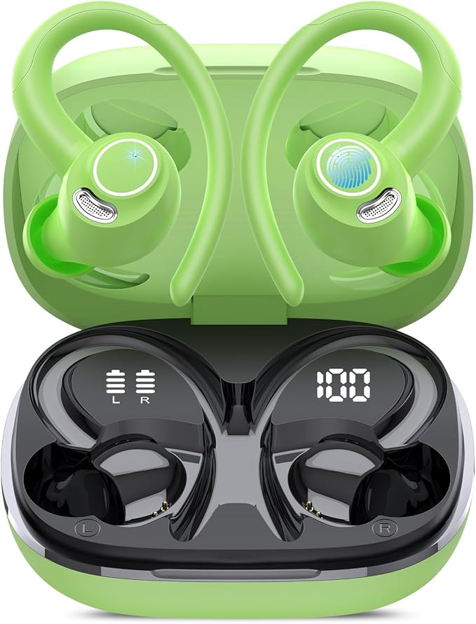 Wireless Earbuds, Bluetooth 5.4 Headphones Sport Over Ear Buds with ENC Mic | Noise Cancelling Mic,48H, Wireless Earphone With Earhooks, Stereo Deep Bass, IP7 Waterproof ear bud for Workout Running,Green by Jesebang