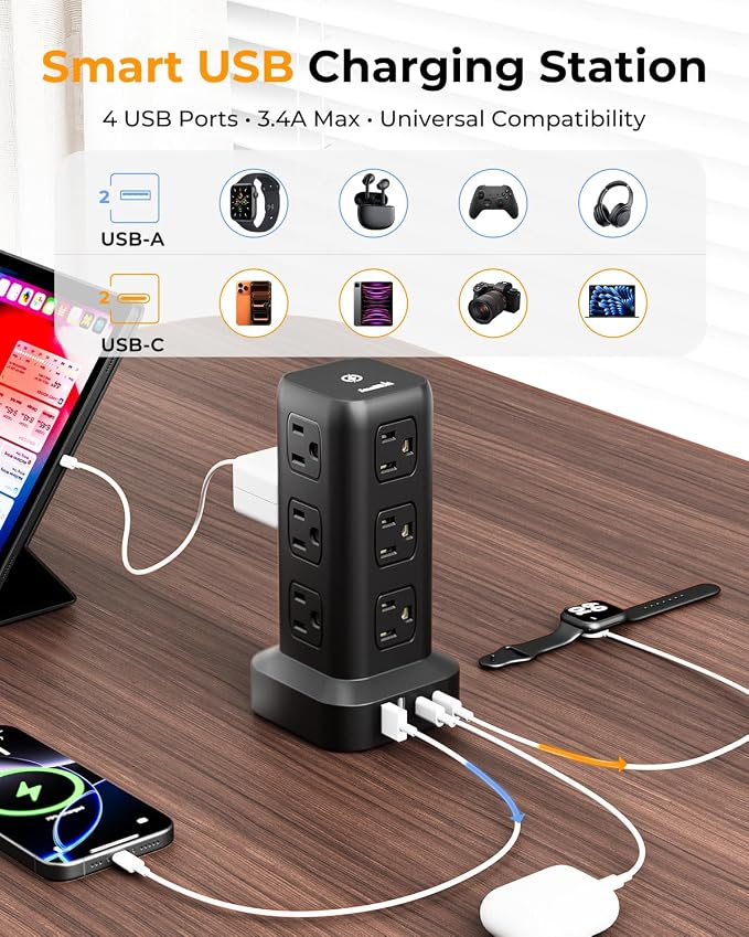 Power Strip with 12 Outlets 4 USB (1 USB C), 6.5Feet Extension Cord with Multiple Outlets, Charging Station, Power Strip Tower, Home Office Desk Supplies - Image 5