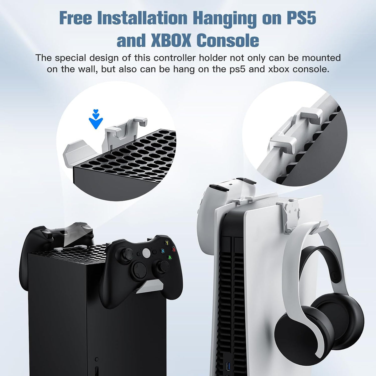 KUNSLUCK 2 Pack Controller Wall Mount for PS5, Xbox, Switch Controller, Wall Mount Stand for Controller&Headset, Adhesive/Screws Installation (White) - Image 2