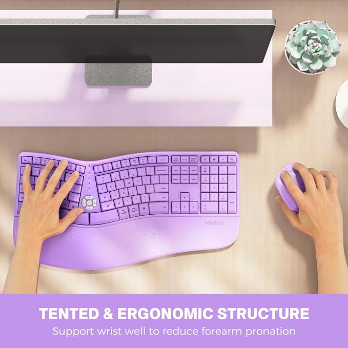 MEETION Ergonomic Keyboard Mouse Combo, Split Design Vertical Mouse, Purple | Rechargeable full-size keyboard with cushioned wrist rest, 2.4GHz USB receiver, natural typing, for Windows, Mac, PC, laptop - Image 5
