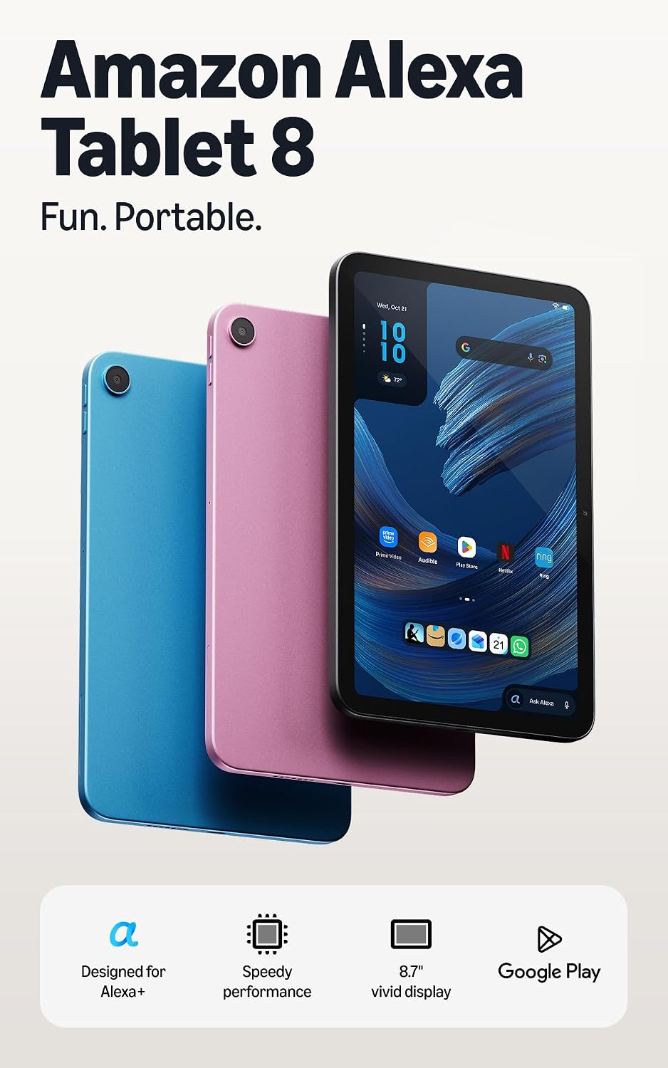 Amazon Alexa Tablet 8 (all-new), 4GB RAM, 128GB, 8.7″ compact tablet with vivid display, All-day battery, with Google Play, Designed for Alexa+, Teal by Alexa Tablet