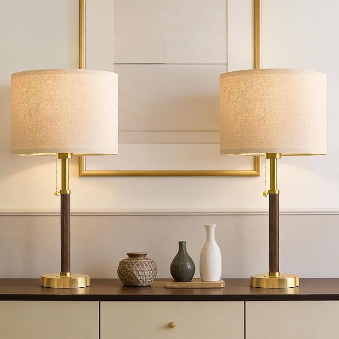 Wood Table Lamps 22" Mid Century Modern Lamps for Bedroom Living Room Lamps | Pull Chain Lamps Set of 2, Walnut Mcm Bedside Lamps for Night Stands, Vintage Small Side Table Lamps Buffet Nursery Decor - Image 4