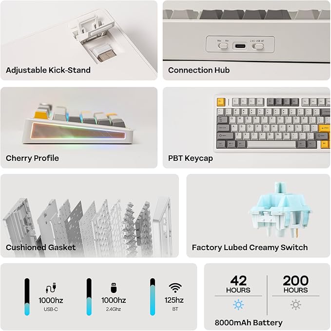 EPOMAKER TH80 V2 75% Wireless Mechanical Keyboard with Metal Knob, 8000mAh | 2.4Ghz/BT/USB-C, RGB, Hot Swap, Custom Driver, PBT Keycap, Wireless Gaming Keyboard for PC/Mac (White, Creamy Jade) - Image 3