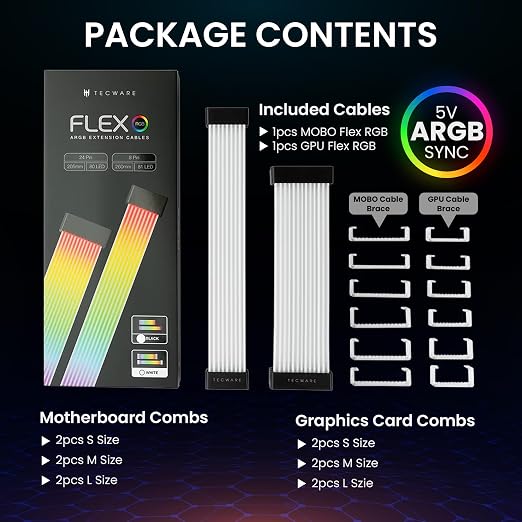 TECWARE Flex RGB Cable Cover Kit | Compatible with 24-Pin Motherboard and 8-Pin/16-Pin GPU | ARGB PSU Cable Extension with 5V 3-Pin Sync | RGB Lighting Kit for PC Cables | Black - Image 4