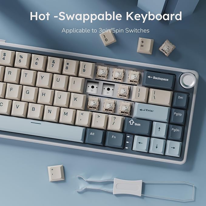 RK ROYAL KLUDGE R65 Wireless Mechanical Keyboard, 60% Keyboard with Knob | 60% RGB Gaming Keyboard with QMK/VIA, 3-Mode 2.4G/BT/Wired, Hot Swappable PCB, PBT Keycaps, 66 Keys, Cream Switch, Blue - Image 8