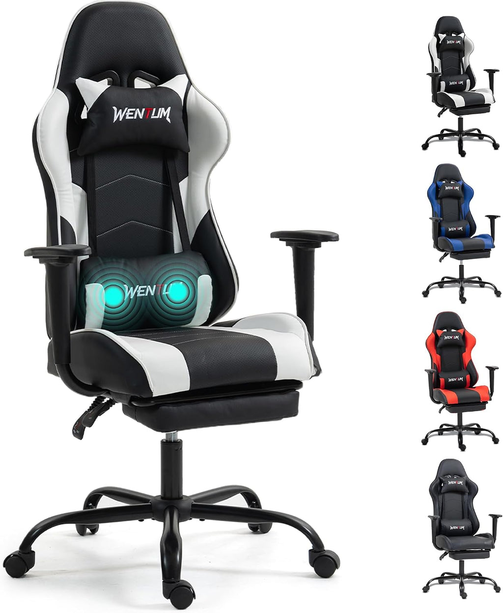 Gaming Chair with Footrest, Ergonomic PC Desk Chair with Headrest and Massage Lumbar Support, Video Game Chair with Height Adjustable High Back for Home Office, PU Leather, White by WENTUM
