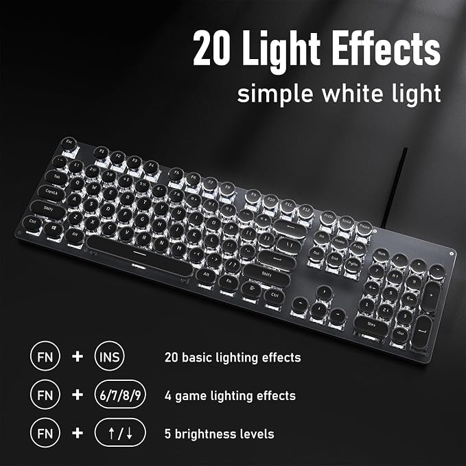 SEUNKWANG Typewriter Style Mechanical Gaming Keyboard with White Backlit, Wired Retro Punk Computer Keyboard Durable Metal Panel, Clicky Blue Switch, Round Keycaps, Full-size for PC/Desktop/Win, Black - Image 3