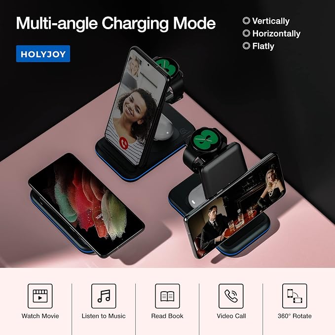 Wireless Charger for Samsung/Android, HOLYJOY Foldable 3 in 1 Fast Charging Station/Stand/Multi Charger for Samsung S25 Ultra/S24/Note 20, Travel Pad for Galaxy Watch 8/7/6/5/Active 2, For Buds(Black) - Image 4