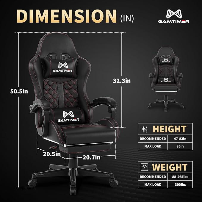 Gamtimer Gaming Chair, 400 LB Weight Capacity,with Pocket Spring Cushion | Ergonomic Backrest Office Chair,Leather, with Headrest and Lumbar Support, Footrest, Suitable for Adults(Black) - Image 3