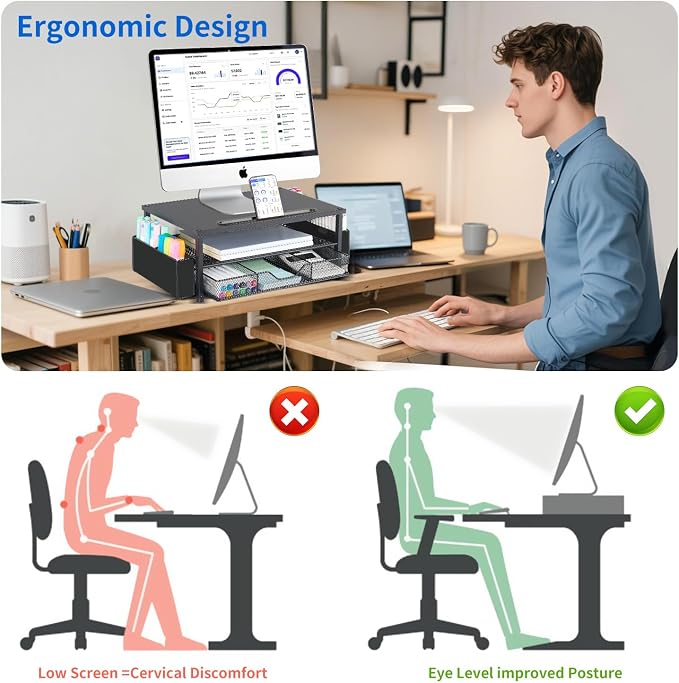 AUPSEN Wood Computer Monitor Stand Riser, 2-Tier Black Desk Organizer with Drawer, Pen Storage & Phone Holder ，Office Desk Accessories Desktop Organizer for Office Supplies (Black) - Image 2